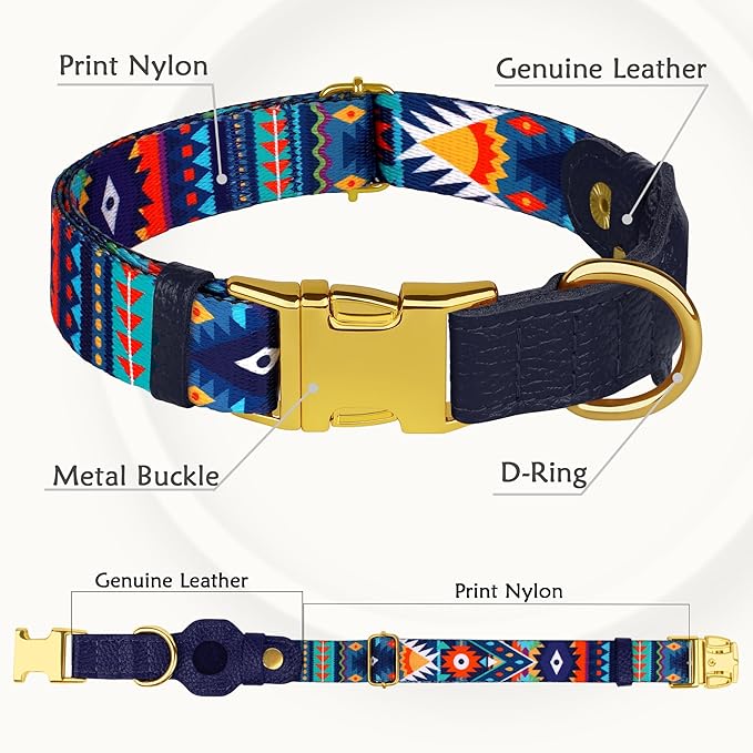 AirTag Dog Collar for Small Medium Large Breed - Adjustable Cute Pattern Dog Collar with Airtag Holder - Soft Leather Tracker GPS Apple Air Tag Pet Collars (Small, 12"-15" Neck Fit, Navajo)