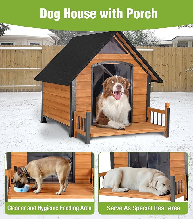 Large Outdoor Heated Dog House with Porch, All-Around Insulated Liner, Weatherproof Outside Dog House with Anti-Bite Metal Frame, Dog Kennel for Small Medium Large Dogs