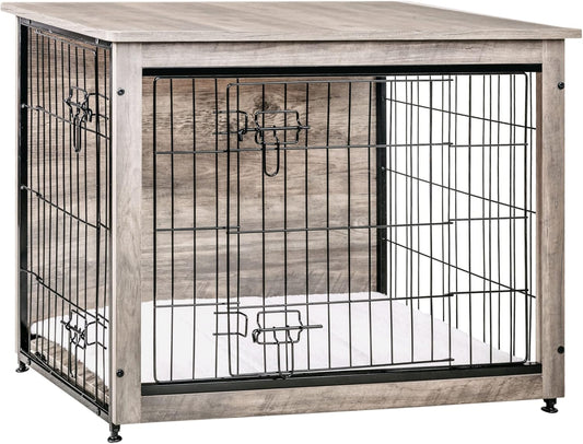 DWANTON Dog Crate Furniture with Cushion, Wooden Kennel Table with Double Doors, Indoor Dog House, Medium Size, 32.5" L, Greige