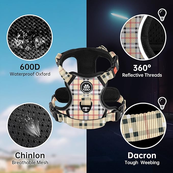 NESTROAD No Pull Dog Harness with Leash, Reflective No Choke Pet Vest Harness,Adjustable Soft Padded Dog Harness with Easy Control Handle for Large Dogs(Checkered Beige,Large)