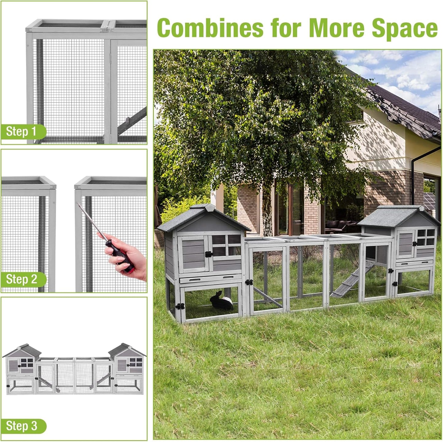 GUTINNEEN Rabbit Hutch Indoor Chicken Coop Outdoor, 51.6''L 2 Story Bunny Cage Weatherproof, Guinea Pig House with Run (Grey)