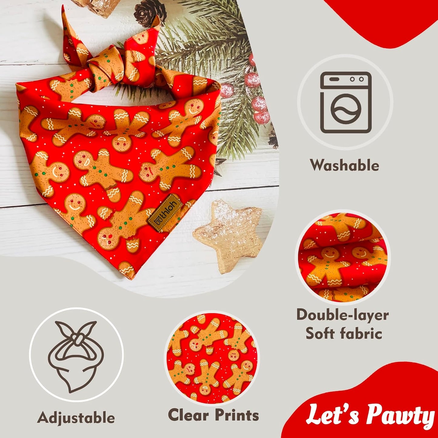 Christmas Dog Bandanas - 2 Pack Reversible Gingerbread Man Dog Scarf for Boy & Girl, Premium Durable Fabric, Festival Dog Bib, Holiday Bandana for Medium & Large Dogs (Large)