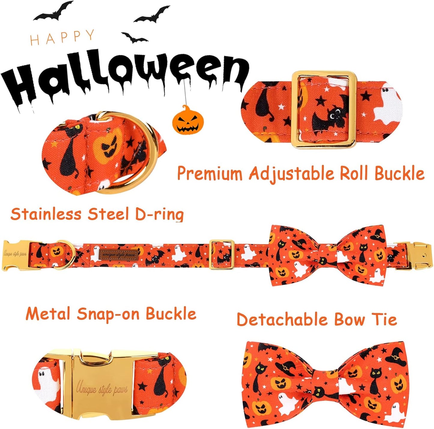 Unique style paws Halloween Dog Collar with Bow Tie Cotton Adjustable Puppy Collar for Small Medium Large Dogs-XL