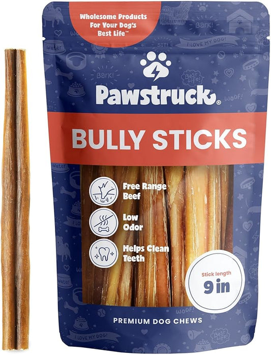 Pawstruck All-Natural 9" Bully Sticks for Dogs - Long Lasting, Rawhide-Free, Low Odor & Grain-Free Dental Chew Treat - Healthy Single Ingredient, 100% Real Beef - 1 lb Bag