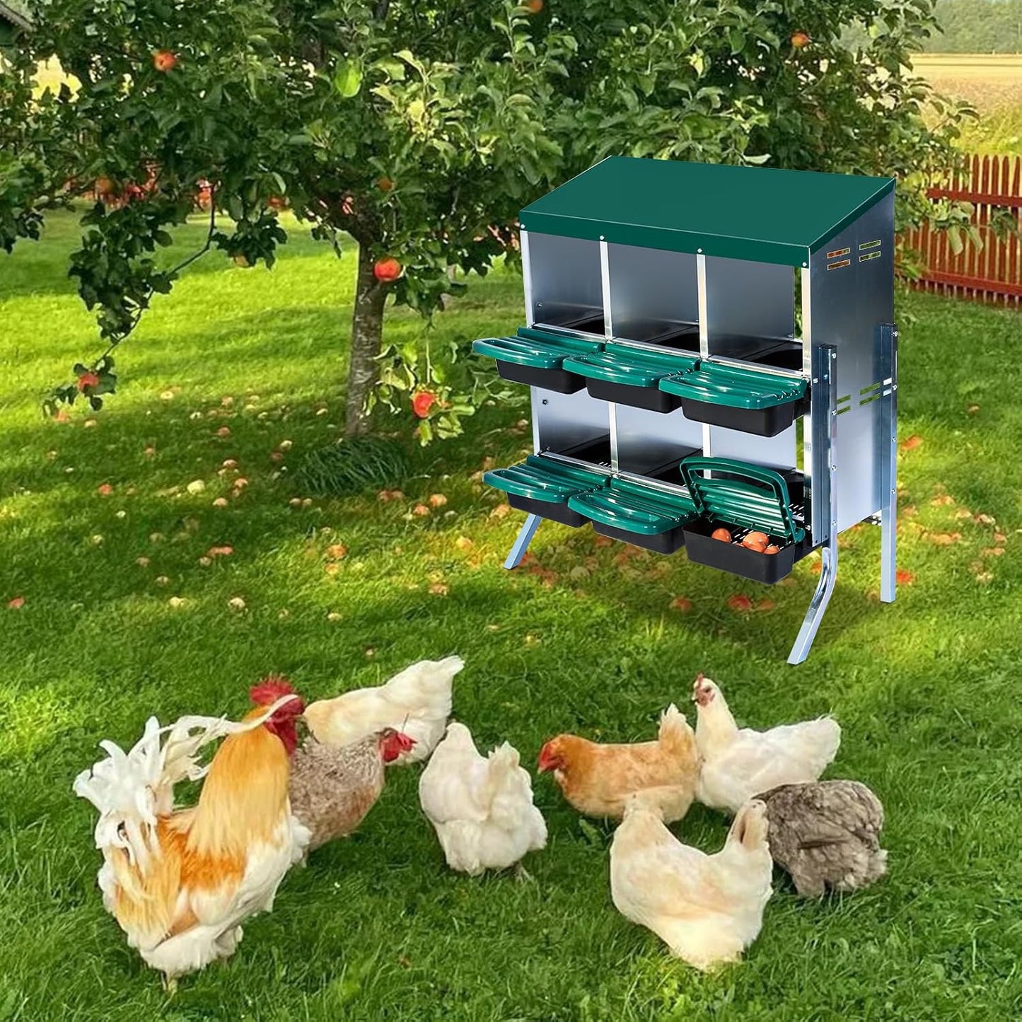 Chicken Nesting Box, 6 Hole 2 Layer Hen Nest Boxes with Legs, Roll Away Eggs Laying Boxes,Cleanable Pull Out Hen Roosting Boxes