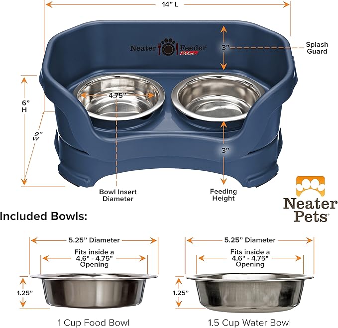 Neater Feeder Deluxe Mess Proof Cat Bowls Elevated for All Breeds – Made in USA – No Spill Raised Bowls for Indoor Cats – Stainless Steel Food and Water Bowl Set, Pet Dish Feeding Station, Dark Blue