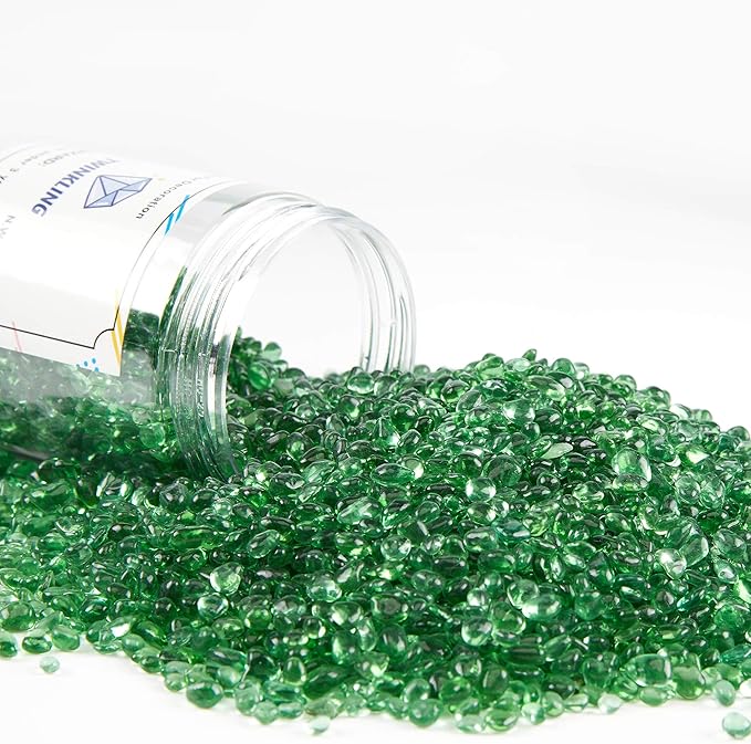 TWINKLING High Luster Round Fire Glass Stones,Glass Marbles,Glass Pebbles,Glass Beads Gems for Fire Pit Vase Fillers Crafts Aquarium Garden Decoration,3-6mm,1-Pound Jar (Light Green)
