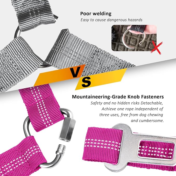 Removable Dog Seat Belt Harness for Car, 3 in 1 Pet Dog Car Seatbelt Leash, Retractable Restraint Secures to Vehicle Headrest & Adjustable Reflective Bungee Dog Seatbelt Tether, Rose and Black