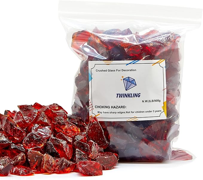 TWINKLING High Luster Fire Glass Gravel Stone,Broken Glass,Fire Pit Glass,Crushed Glass for Fireplace Pit Aquarium Garden Decoration,1-3cm,2-Pound Jar (Red)
