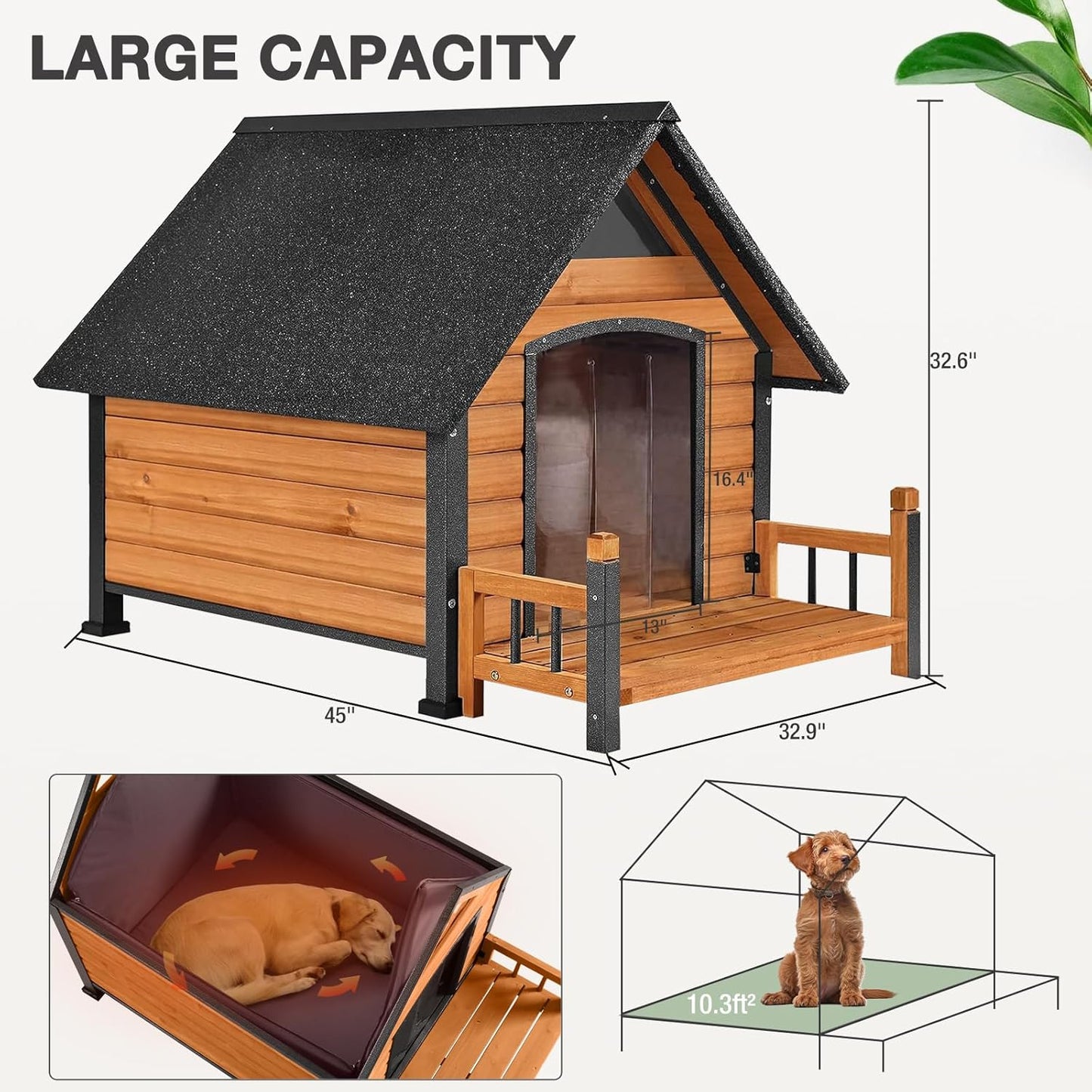 Dog House with Insulated Liner Outdoor Indoor All-Around Iron Frame Design Dog House with Porch＆Raised Feet for Small Medium Large Dogs（Brown）