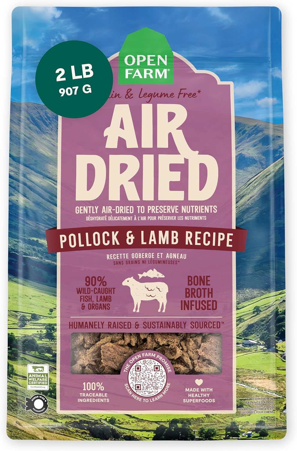 Open Farm, Air Dried Dog Food Infused with Bone Broth, Grain & Legume Free, Complete Meal or Food Topper, Pollock & Lamb Recipe, 2lb Bag