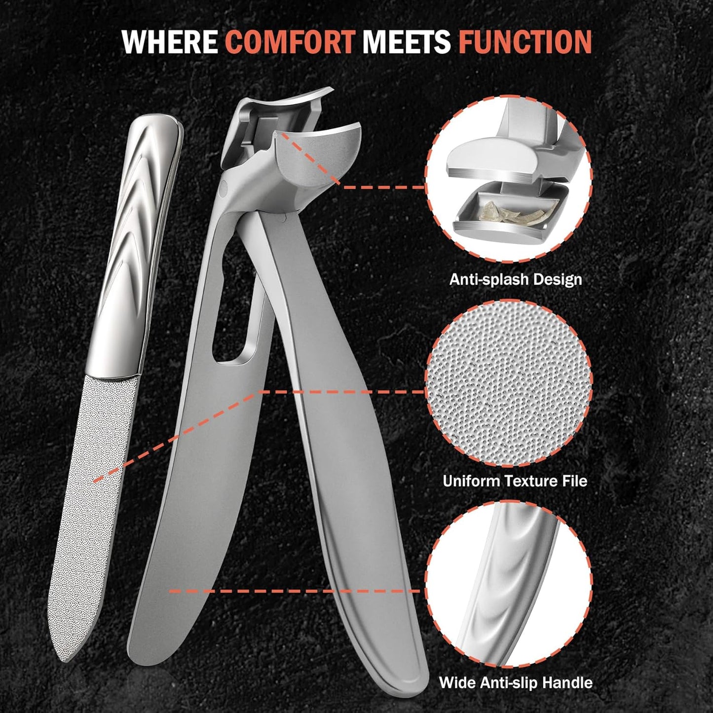 BEZOX Ergonomic Angled Head Thick Toenail Clipper for Seniors - Large Nail Clippers for Thick and Ingrown Nails with Metal Nail File, Premium Nail Cutter Fingernail Clipper for Men and Women - Silver