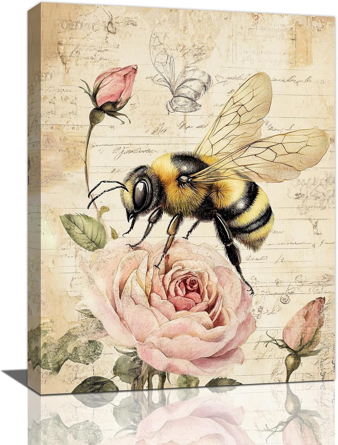 Rustic Bee Bathroom Pictures Wall Art, Vintage Floral Bathroom Wall Decor, Pink Rose Flower Framed Painting Canvas Artwork for Bedroom Living Room Decorations 20"L x 16"W