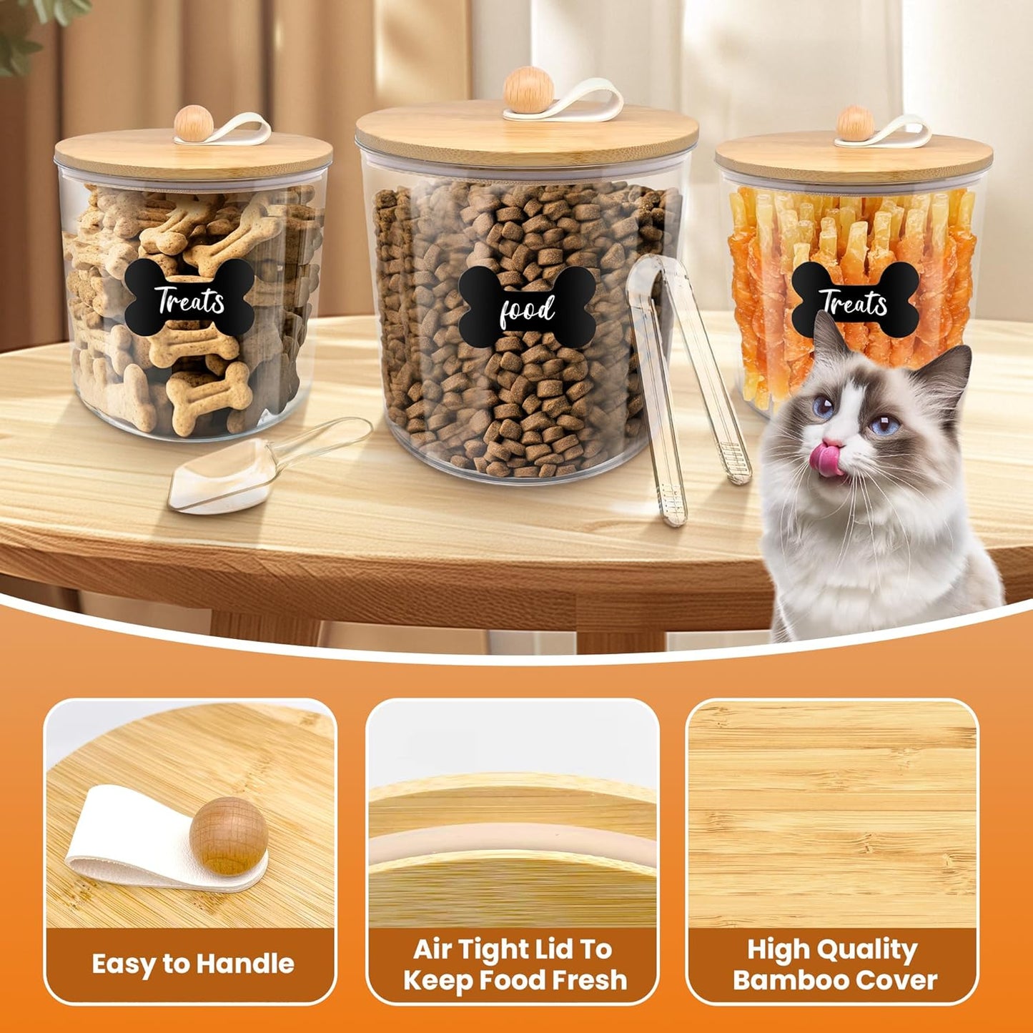 3 Pack Airtight Dog Food Storage Container, Dog Treat Container Dog Food Containers with Bamboo Lids 8x7''&6x5'',Pet Food Storage Container,Cat Food Container with Scoops,Clamp,Labels,Pen
