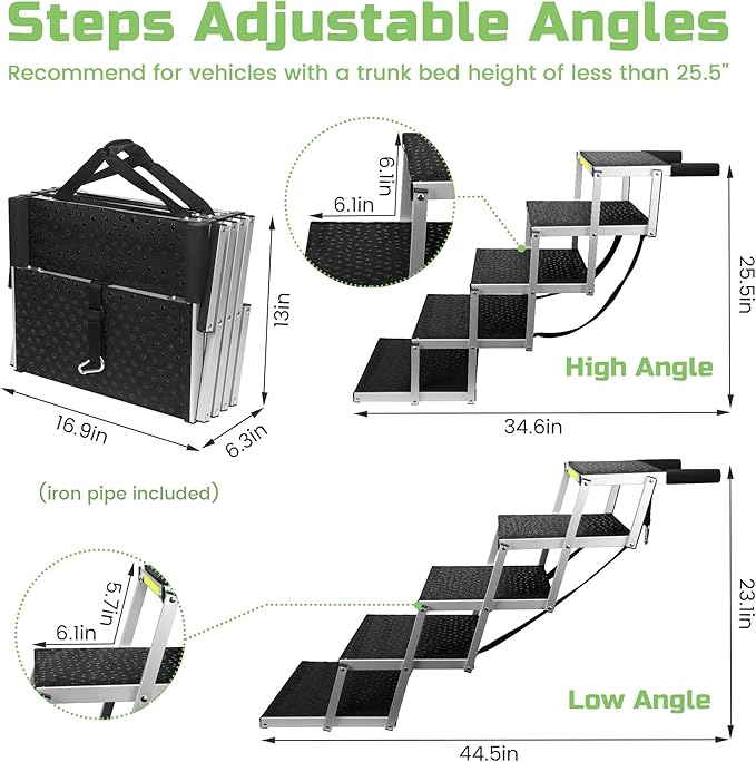 Sturdy 5-Step Aluminum Frame Dog Stair with 1680D PVC Fabric - Non-Slip, Lightweight & Portable - Ideal for Car, SUV, Truck Access - Black (98x67x43cm)