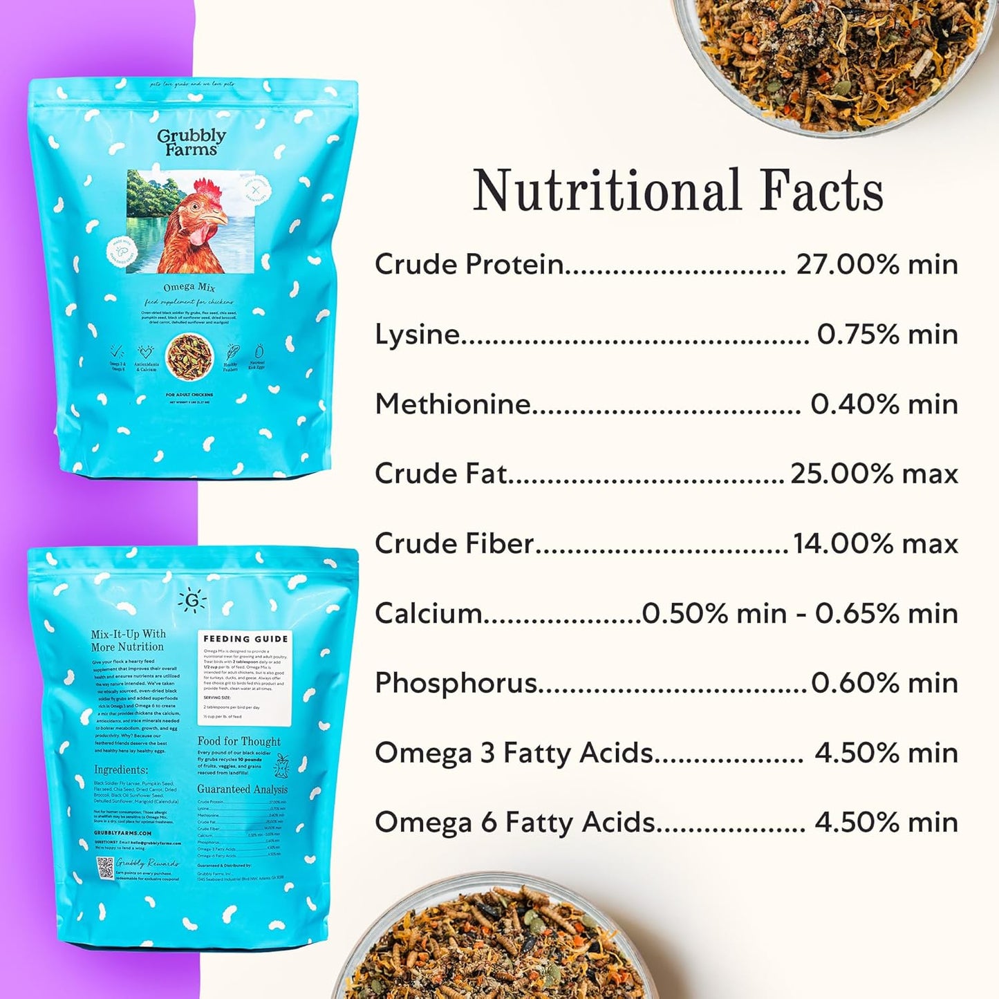 Grubbly Farms Omega Mix Chicken Treats for Laying Hens - Superfood and Omega-Rich Chicken Feed Supplement to Support Egg Production, Strong Eggshells and Nutritious Yolks - 5LB