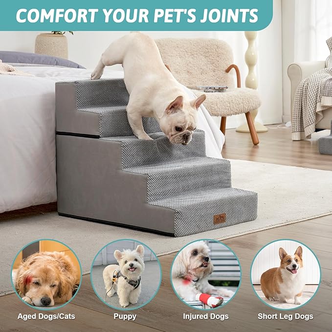 Dog Stairs for Small Dogs, 5 Tier Removable Wider Pet Stairs for Couch and Bed, 23.6" H Non-Slip Dog Steps for Puppies and Old Cats with Support Board, 29.5x19.7x23.6 inch, Grey