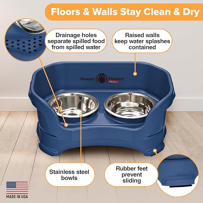 Neater Pet Brands Neater Feeder Deluxe Mess Proof Dog Bowls Elevated for Small Dogs Under 19 lbs, Made in USA, No Spill Raised Dog Food Bowl Stand Feeding Station, Food and Water Bowl Set, Dark Blue