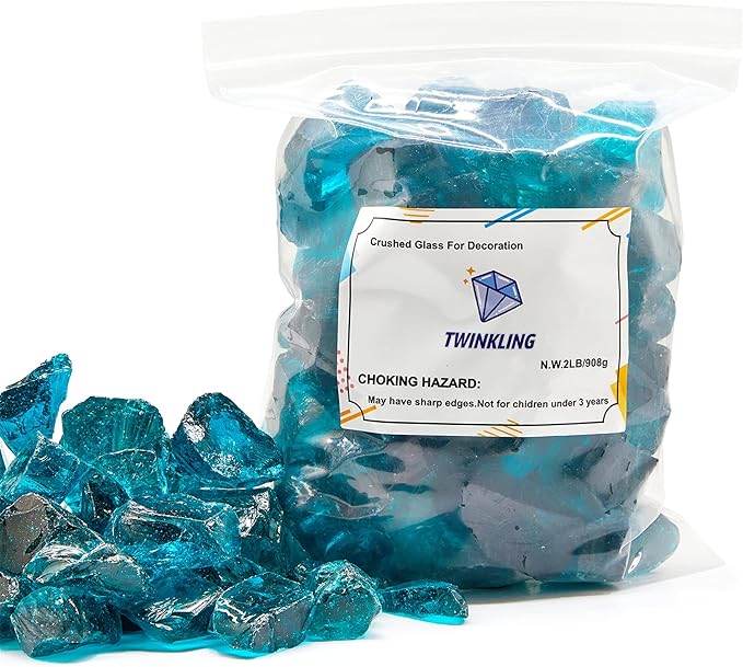 TWINKLING High Luster Fire Glass Gravel Stone,Broken Glass,Fire Pit Glass,Crushed Glass for Fireplace Pit Aquarium Garden Decoration,1-3cm,2-Pound Jar (Turquoise)
