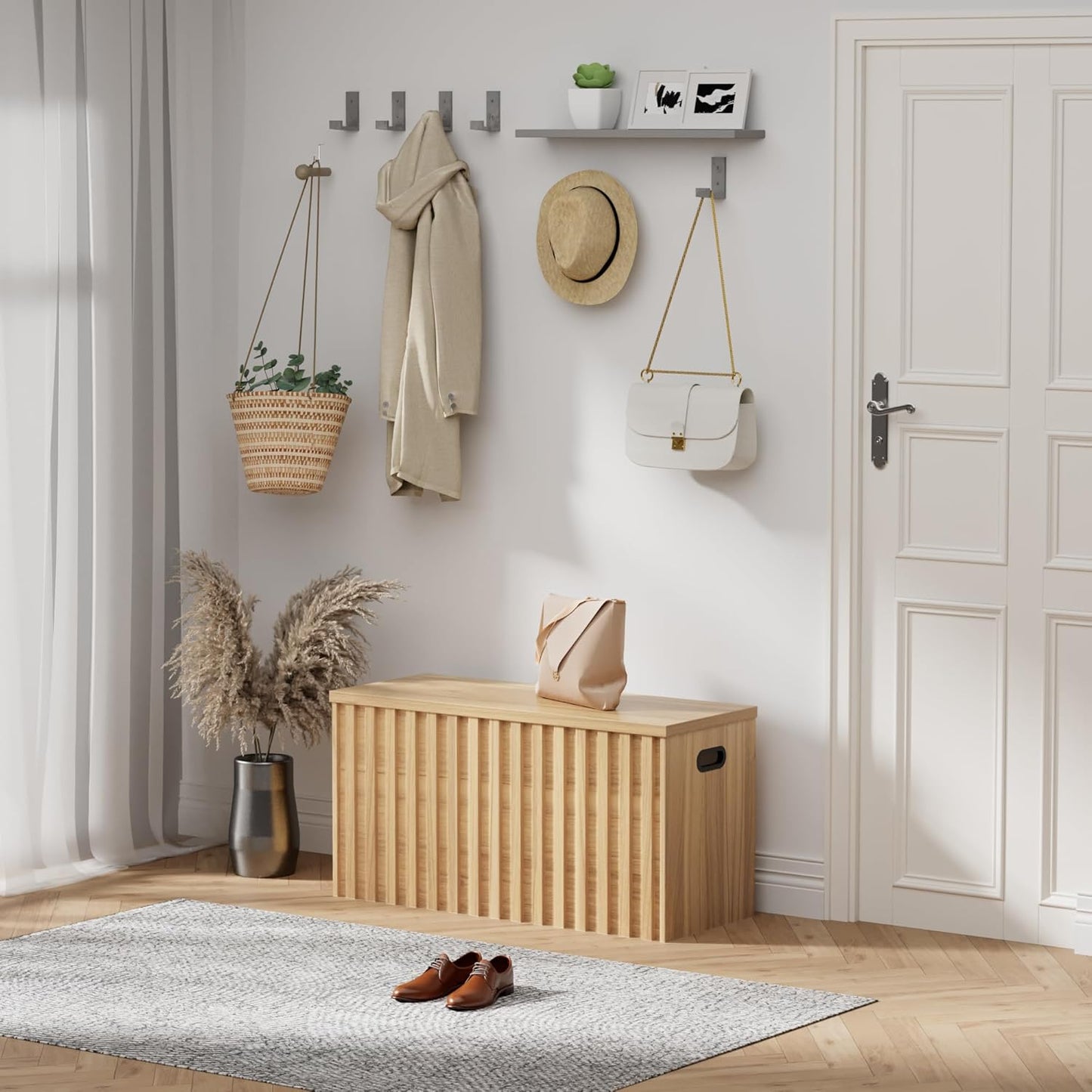 UEV Storage Bench,39.4" Wood Box, Storage Trunk with 2 Safety Hinges, Ottoman Storage Chest, Fluted Storage Bench for Bedroom, Entryway, Living Room(Natural Wood)