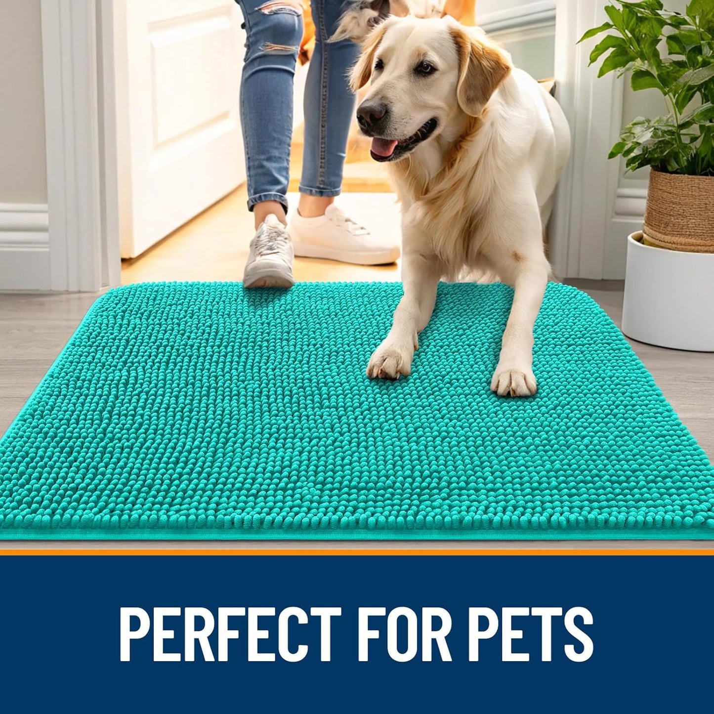 OLANLY Dog Door Mat for Muddy Paws 70x24, Absorbs Moisture and Dirt, Absorbent Non-Slip Washable Doormat, Quick Dry Chenille Mud Mat for Dogs, Entry Indoor Entryway Carpet for Inside Floor, Teal