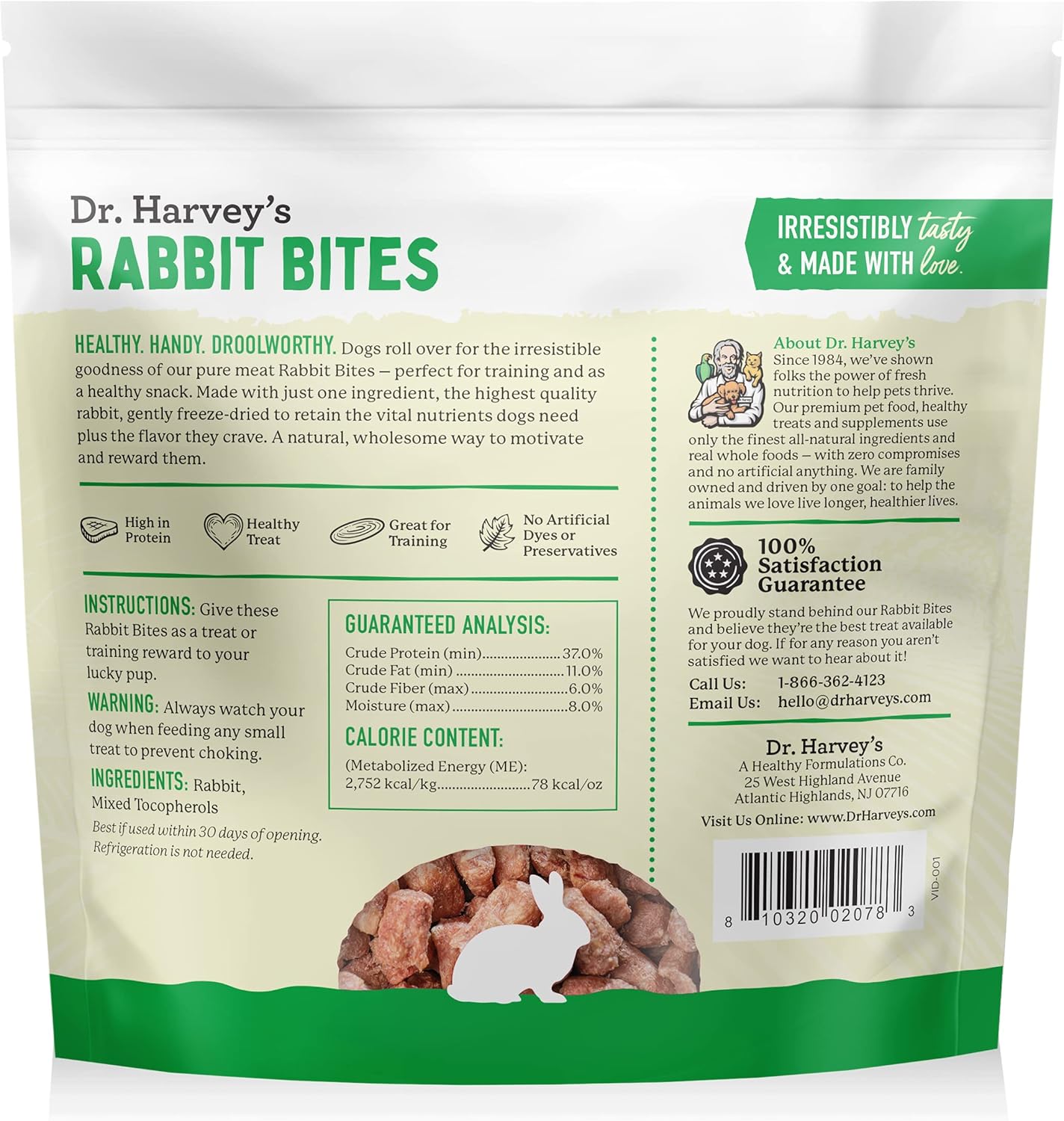 Dr. Harvey's Rabbit Bites Freeze-Dried Raw Dog Treats - Single Ingredient, All-Natural Rabbit Meat Protein for Dogs, Allergen-Free - 7 Ounces (3 Pack)