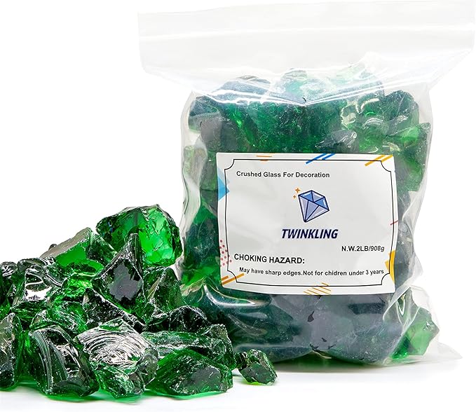TWINKLING High Luster Fire Glass Gravel Stone,Broken Glass,Fire Pit Glass,Crushed Glass for Fireplace Pit Aquarium Garden Decoration,1-3cm,2-Pound Jar (Green)