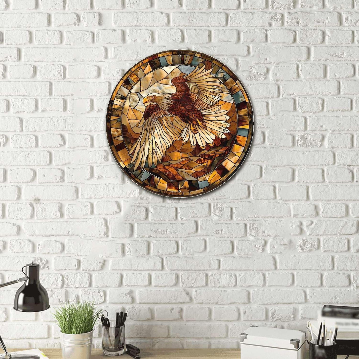 Lygond Metal Sign Tin Sign Circular Stained Glass Eagle Funny Gardening Gift For Restaurant 8×8 Inches