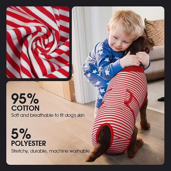 FUAMEY Dog Recovery Suit Male,Dogs Surgery Neuter Suits Puppy Spay Shirts for Female Protect Dog's Skin Anti Licking Abdominal Wounds Doggie Onesie Pet Bodysuit Alternative to Cone Red Stripes L