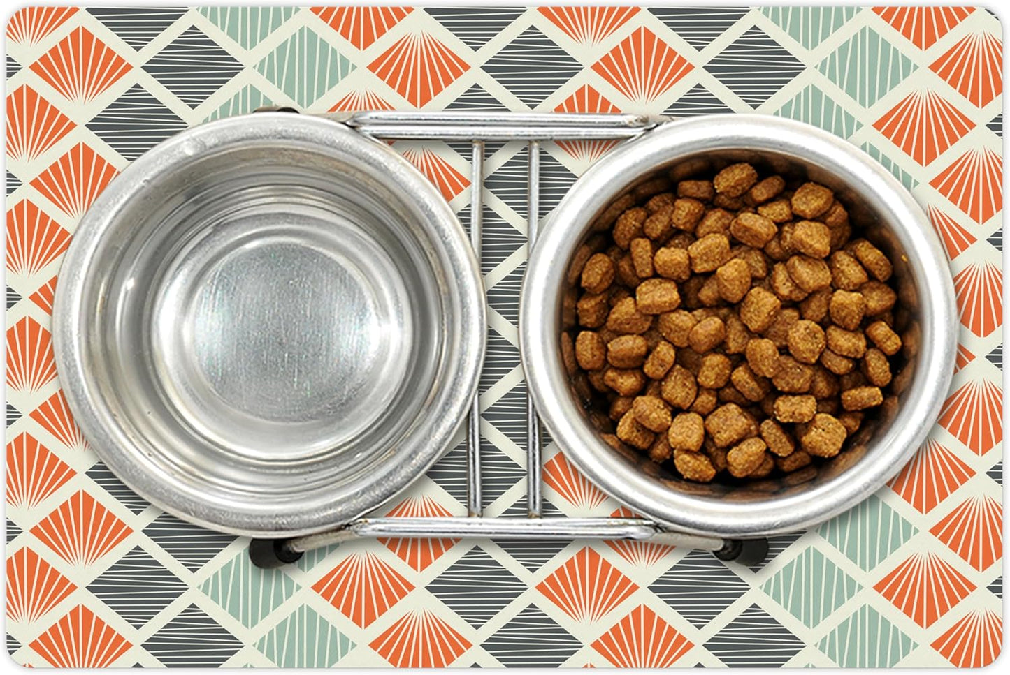 Lunarable Geometric Pet Mat for Food and Water, Pop Art Style Retro Rhombus Fractal Stripes Nostalgic Graphic Print, Non-Slip Rubber Mat for Dogs and Cats, 18" X 12", Green Orange