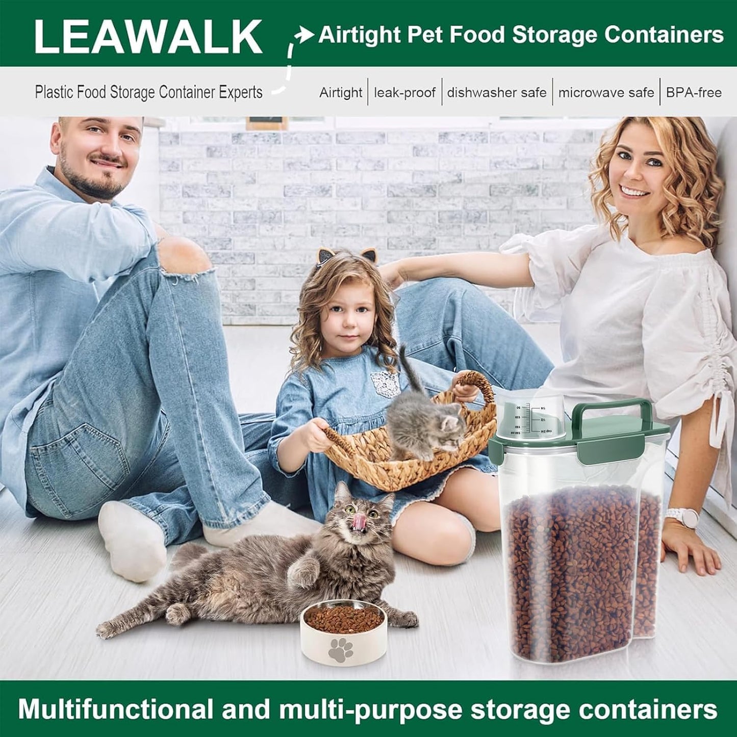 5-7Lbs Cat Dog Storage Container, Portable Pet Food Containers with Upgraded Large Spout and Cup, Small Animal Kibble Dispenser for Bird Seed, Oatmeal, Rice, Flour, Brown Sugart-Dark Green