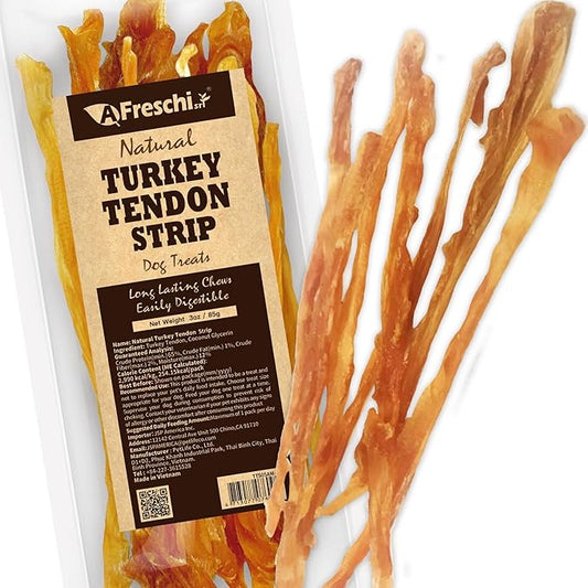 Afreschi Natural Turkey Tendon Strip 3 oz, All Natural Human Grade Puppy Chew, USA-Sourced Turkey Tendon, Hypoallergenic, Easy to Digest, Rawhide Alternative