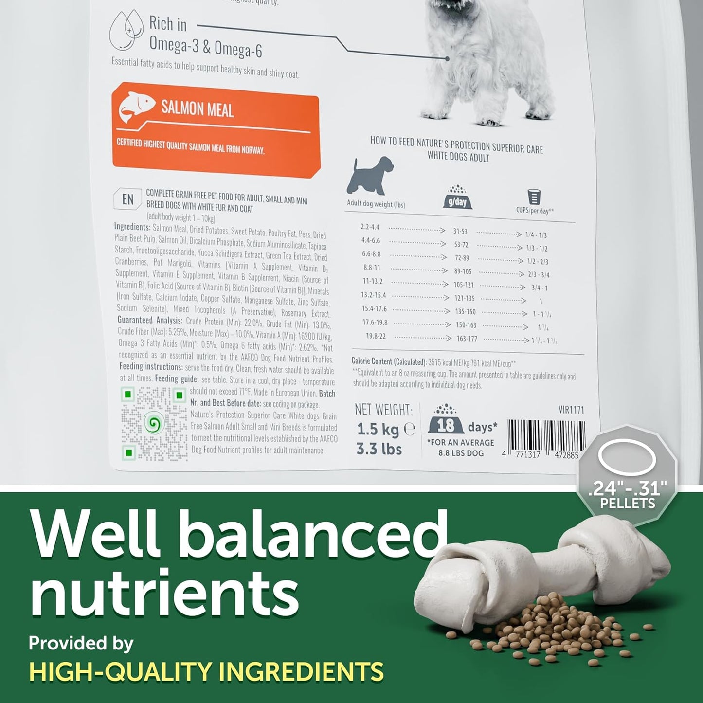 Nature's Protection Superior Care White Dogs Grain-Free Dry Dog Food - High Protein, Tear Stain Dog Food for Small & Mini Breeds Light Coated Adult Dogs, Fresh Pet Meal, Salmon, 3.3 lb