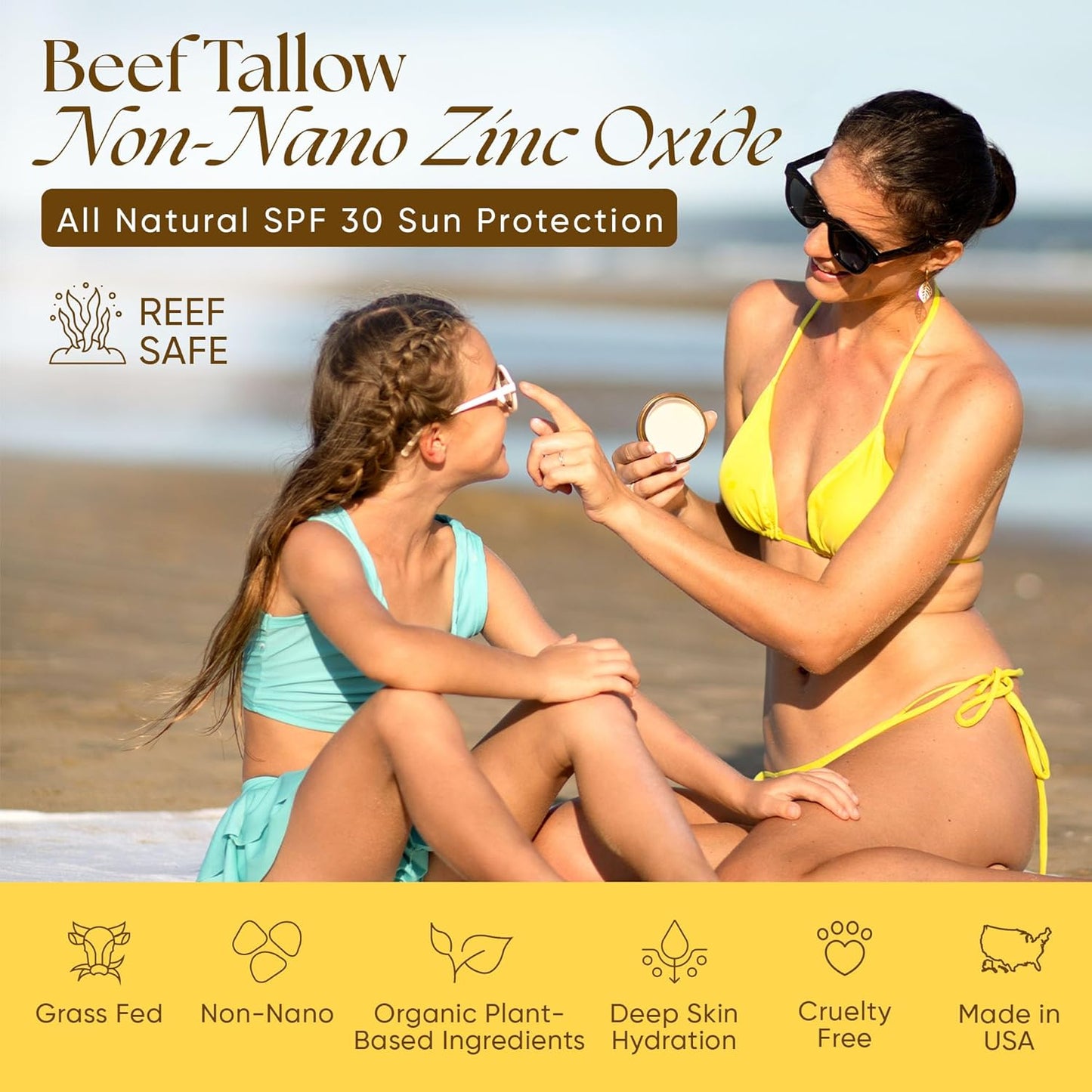 Beef Tallow Sunscreen Organic with Non Nano Zinc Oxide Formula for Daily Protection, 4oz Reef Safe Sunblock, SPF 30 All Natural Chemical Free Sunscreen, Made in USA, Natural Organic Sunblock for Skin