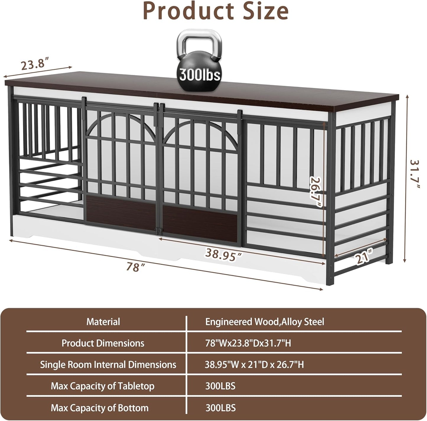 78 Inch Double Dog Crate Furniture, Extra Large Dog Kennel Indoor with Divider, Heavy Duty Dog Cage for 2 Dogs, Decorative Wooden Dog House Decorative Table TV Stand, Pet House for XLarge Dogs,White