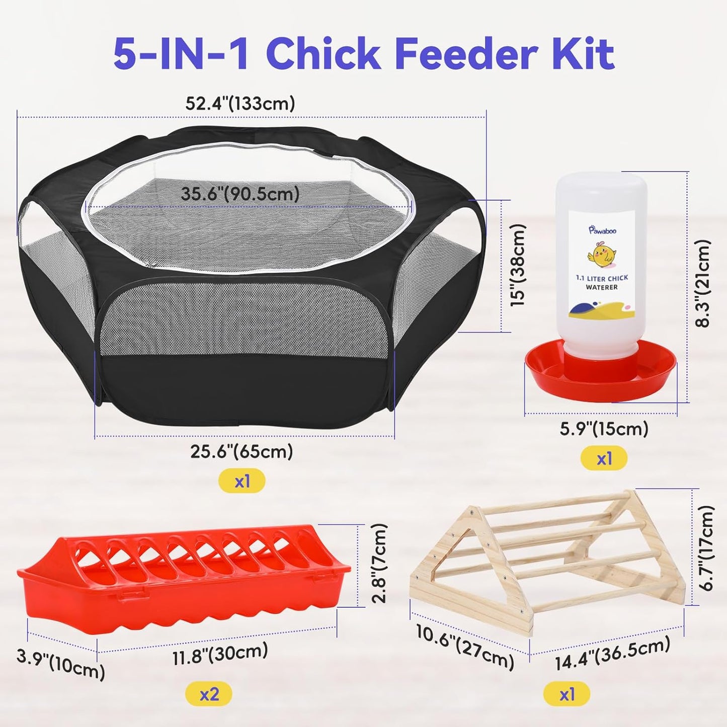 Pawaboo 5-in-1 Chicken Brooder Box for Chick Starter Kit, Includes Pet Cage Tent, Chicks Perch, Chicks Feeder, 1.1L Chick Waterer, Baby Chicken Supplies (Brooder Set), Black