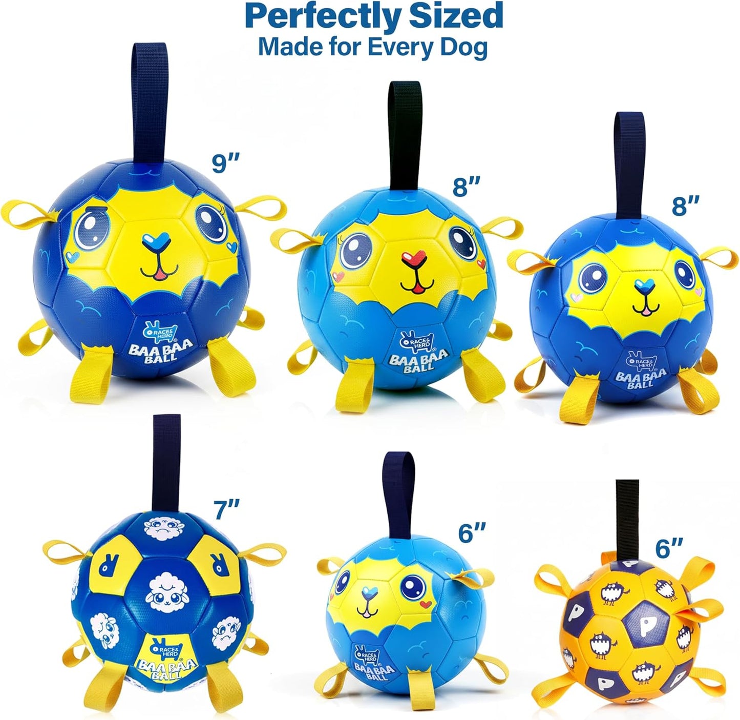 Race&Herd 8" Jolly Soccer Ball for Dogs - Tough Durable Dog Ball Toy with Straps, Pet Bouncy Herding Balls for Dogs, Floating Dog Balls with Tags for Water Fetch (BaaBaaBall, Mama Sheep)