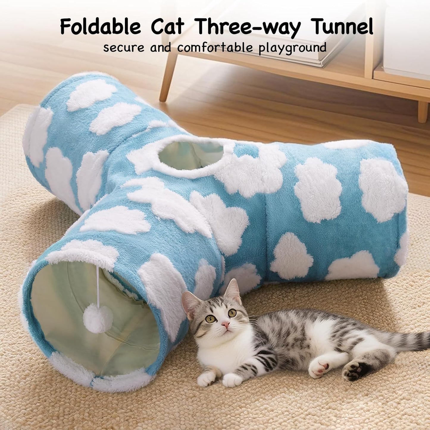 Tempcore Flannel Pet Cat Tunnel Tube Cat Toys 3 Way Collapsible, Cat Tunnels for Indoor Cats, Pet Toys Peek Hole Toy Ball Puppy, Kitty, Kitten, Rabbit, Cloud Blue