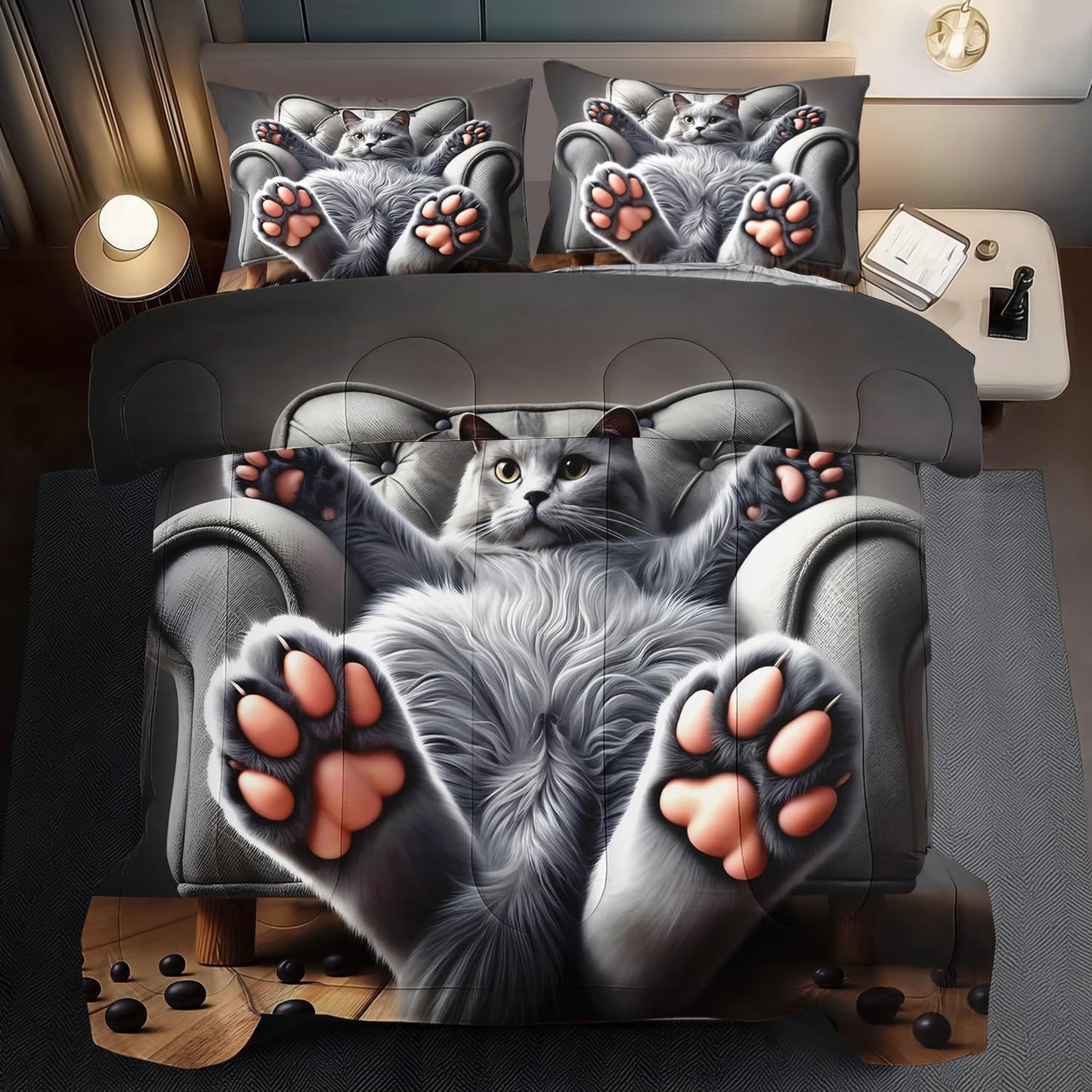 Cute Cat Comforter Set King,Grey Kawaii Cat Bedding Set Adult,Cute Animal Comforter for Boy,American Shorthair Bedding Grey,Kawaii Animal Print Quilt Bedroom Decor Kids