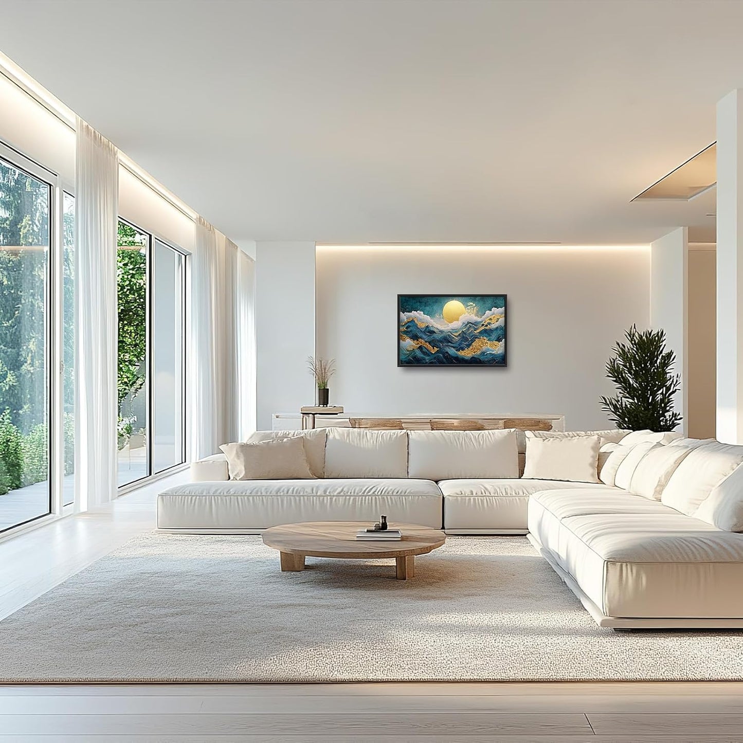 Framed Large Sun Mountain Wall Art, Oversized Teal and Golden Sun Wall Decor for Living Room, Abstract Landscape Canvas Painting Modern Artwork Home Decoration for Living Room Bedroom 36"x24"