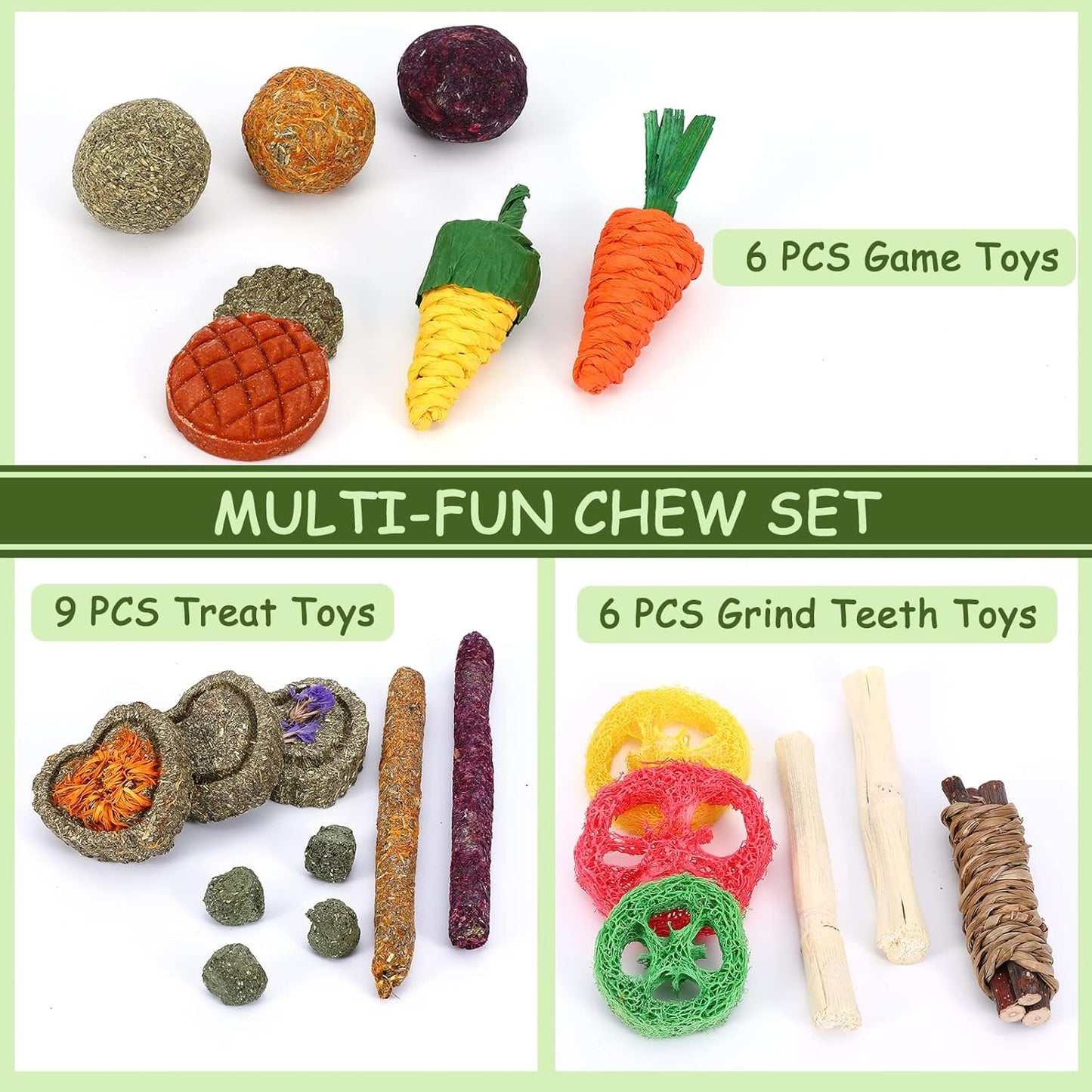 VESPRO Bunny Toys, 21PCS Rabbit Chew Toys for Teeth, Guinea Pig Natural Treats, Timothy Hay Sticks for Chinchillas Hamsters Rats, Small Animals Teeth Grinding