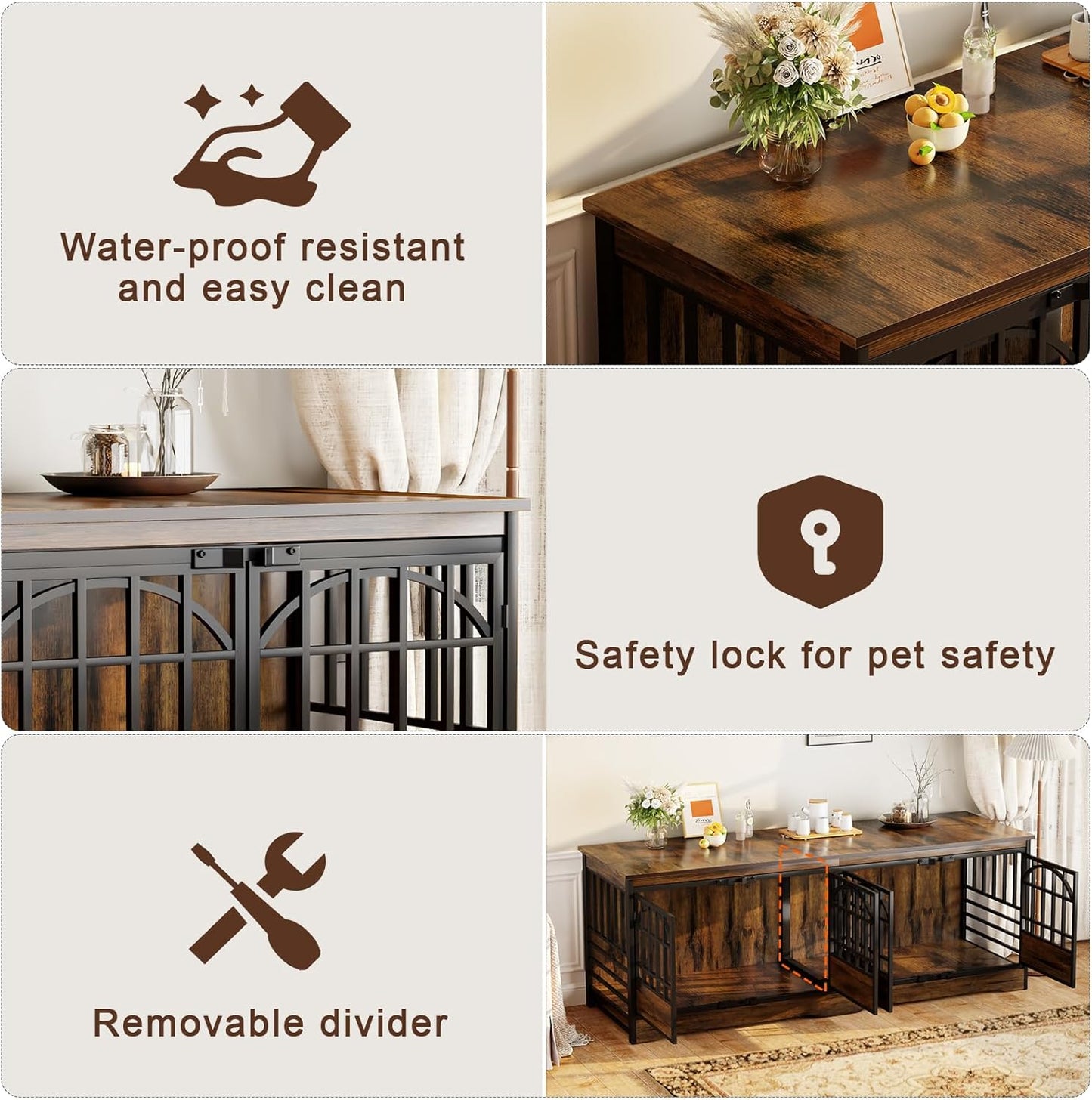 COZPAW 86 Inch Double Dog Crate Furniture for 2 Large Dogs, Decorative Dog Kennel Indoor TV Stand, Heavy Duty Wooden Dog Cage for Large Medium Dogs Sized Dog Pet House with Divider (Brown)