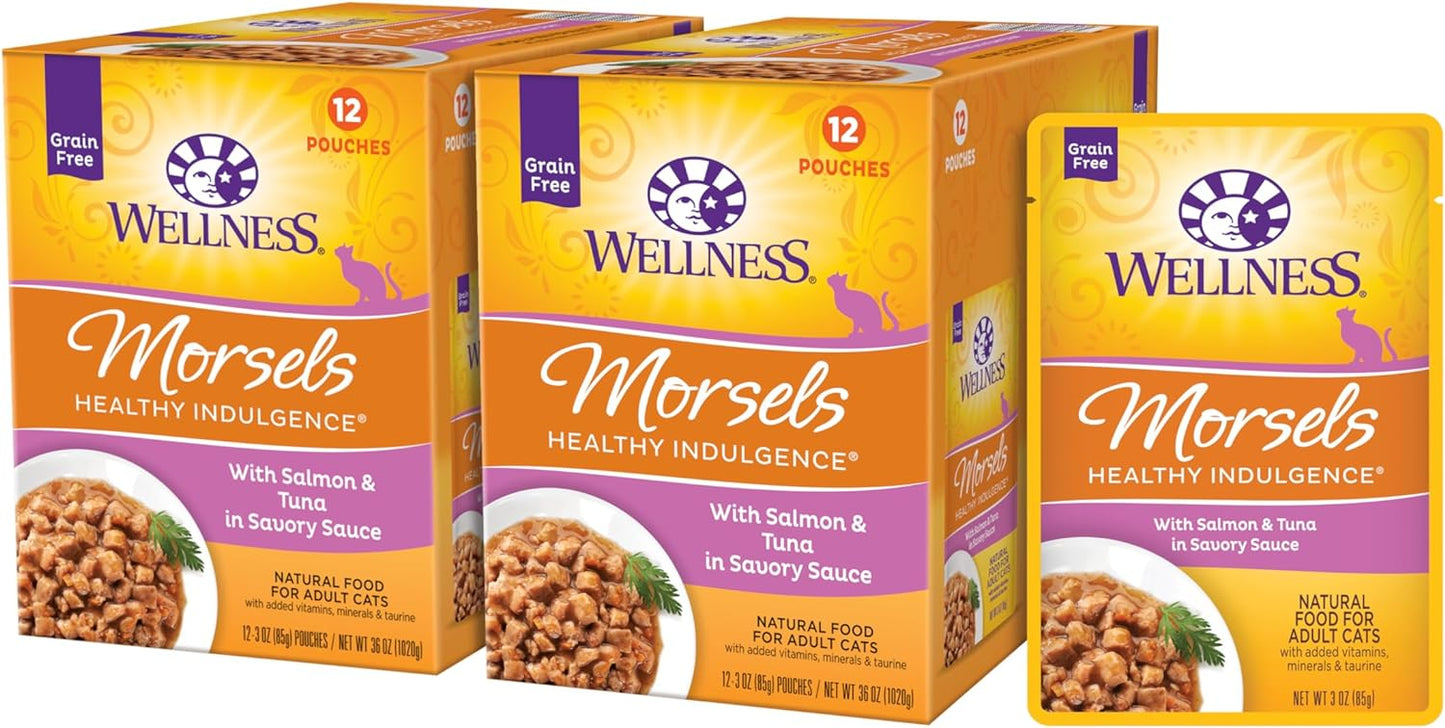 Wellness Healthly Indulgence Morsels Adult Wet Cat Food, Natural, Protein-Rich, Grain Free, 3 Ounce Pouch, 24 Pack, (Salmon & Tuna)