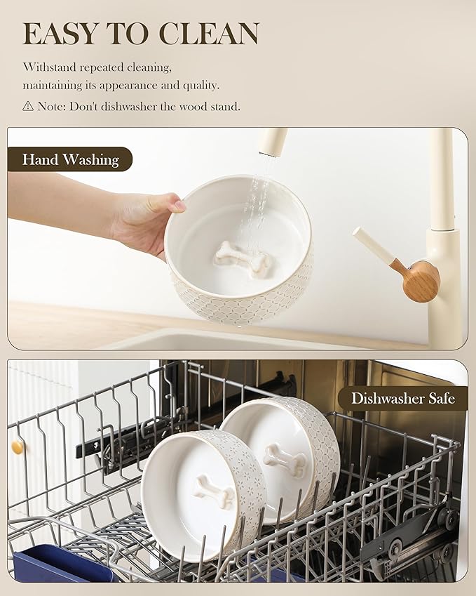 MALACASA Dog Bowl Set with Walnut Wood Stand, 3.5 Cups Ceramic Pet Bowls for Puppy Dogs, Dual Food and Water Bowls with Non-Slip Base, Basic Bowls for Your Dog or Cat, Five-Leaf Grass & Honeycomb