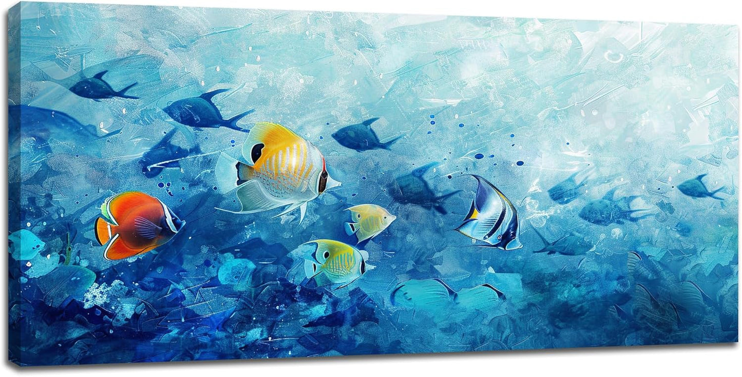 Extra Large Wall Art Tropical Fish Canvas Living Room Pictures Framed Prints Ocean Blue Oversize Wall Decor Animal Painting Artwork for Bedroom Dining Office Home 60"x30"