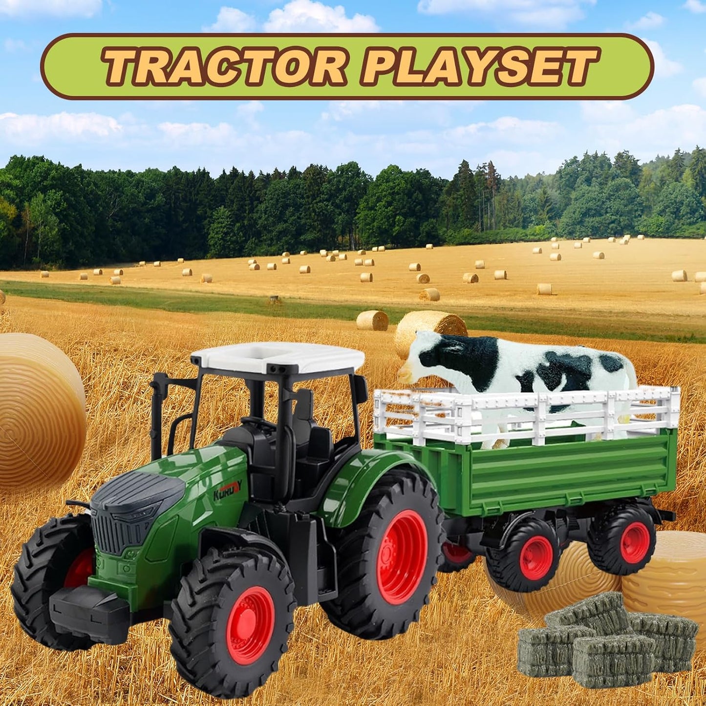 Farm Toys Tractor with Trailer-16.5 Inches Tractor Playset 1/24 Scale Gripper Frontloader Spreader for Boys Kids Toddlers Age 3-7 Years Old