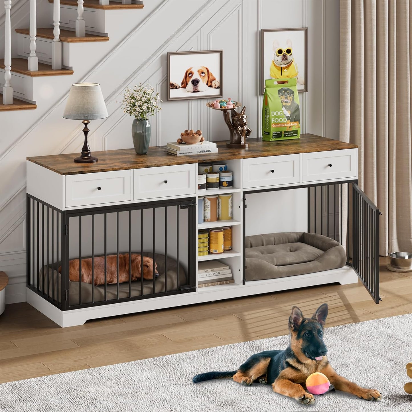 GarveeHome 82" Double Dog Crate Furniture, Large Dog Kennel Indoor for 2 Dogs, Heavy Duty Wooden Dog Crate TV Stand with 4 Drawers and Shelves, White/Brown