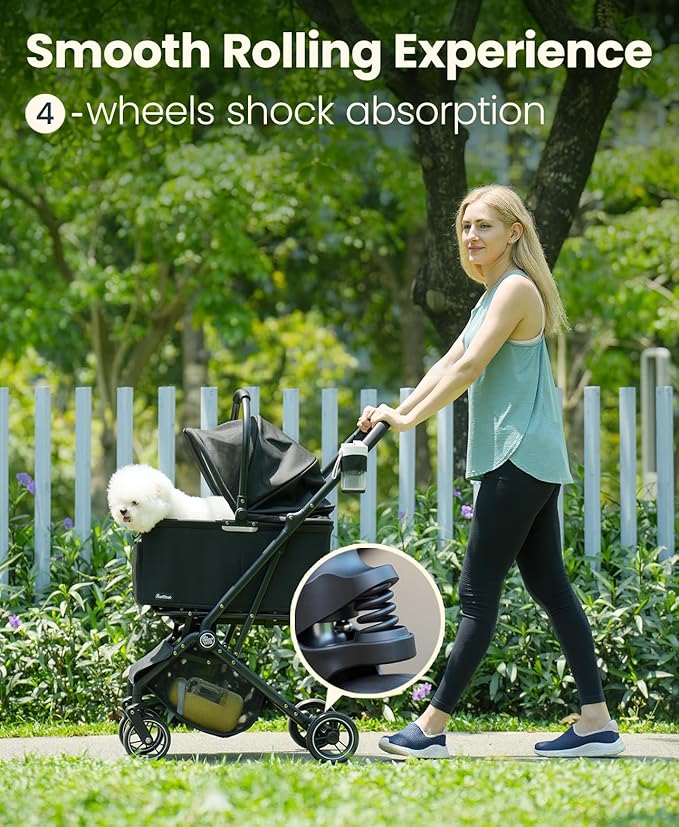 4 Wheels Pet Stroller, Dog Stroller for Small/Medium Dogs and Cats up to 33 lbs, One-Click Fold & Draggable, Removable Carrier, Zipperless Entry, Mesh Windows, Black