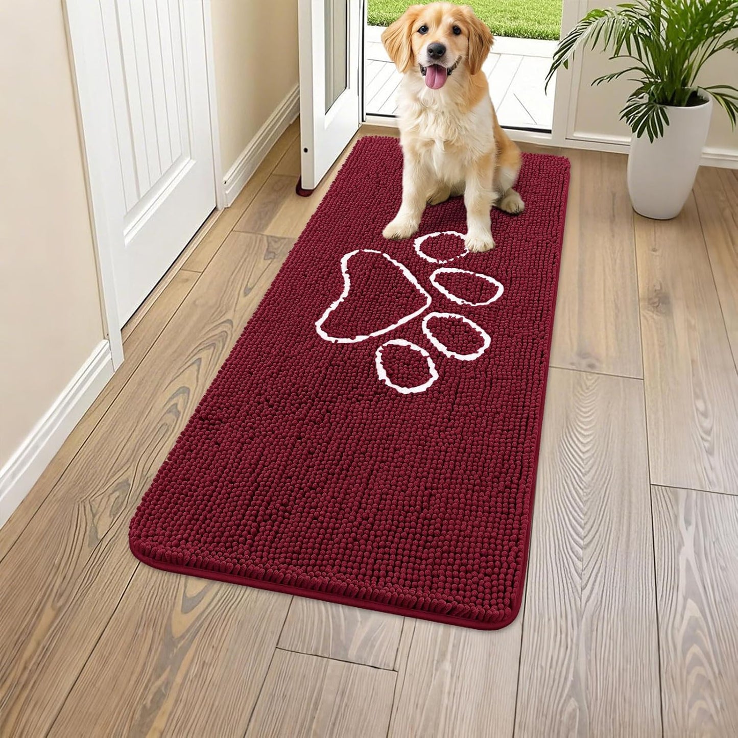 Smiry Dog Door Mat for Muddy Paws, Absorbent Dirt Trapper Non Slip Quick Dry Washable Chenille Mat for Mud Dogs, Entry Rug for Indoor and Outdoor (47x24 Inches, Burgundy)