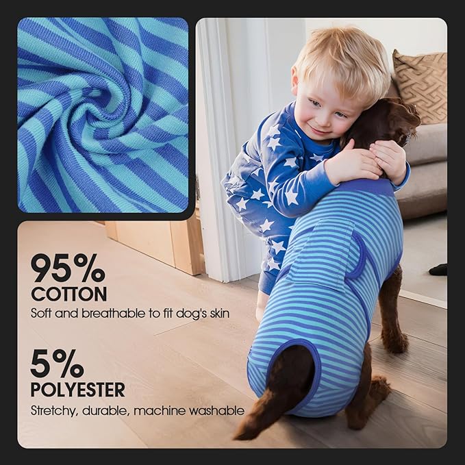 FUAMEY Recovery Suit for Dogs After Surgery,Soft Breathable Dog Bodysuit E-Collar & Cone Alternative Surgical Suit,Male Female Dog Neuter Spay Suits Anti Licking Wounds Onesie Navy Blue Strips M